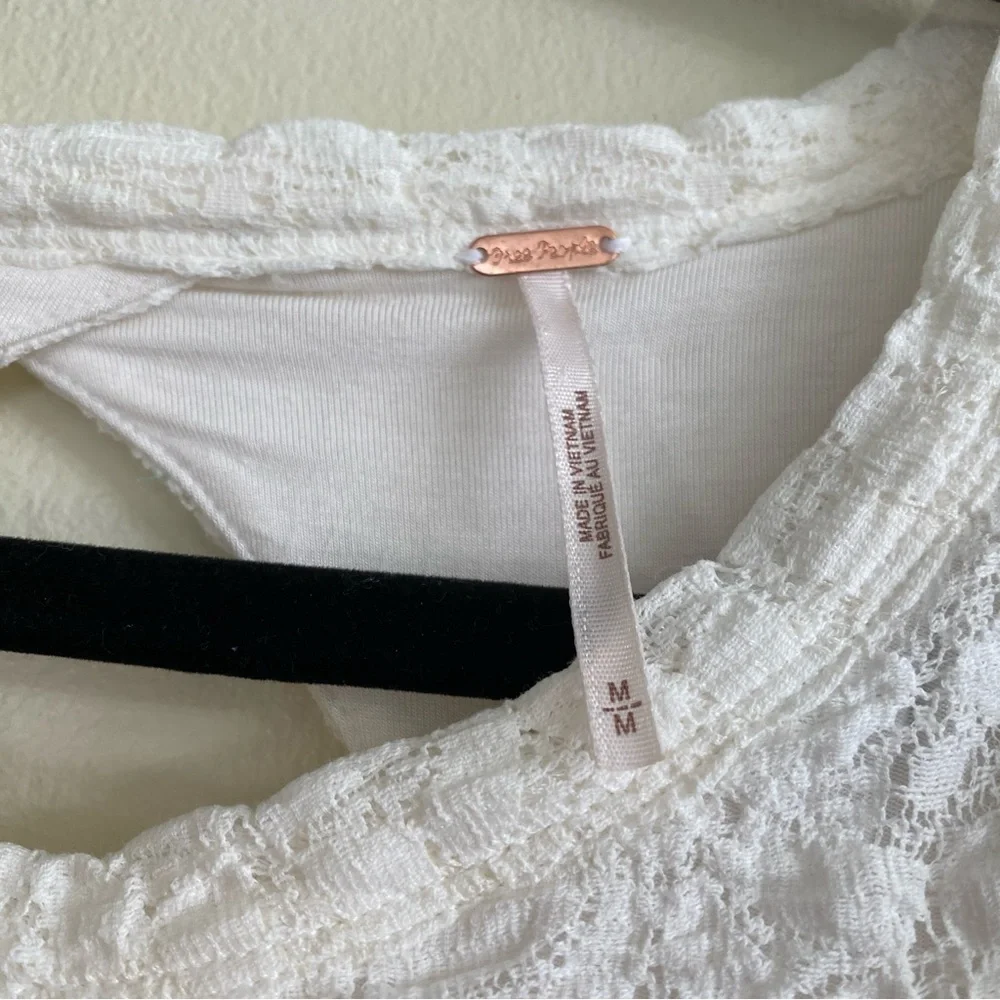 Free People Women’s Tea Time Round Neck Long Puff Sleeve‎ Lace Top white Size M